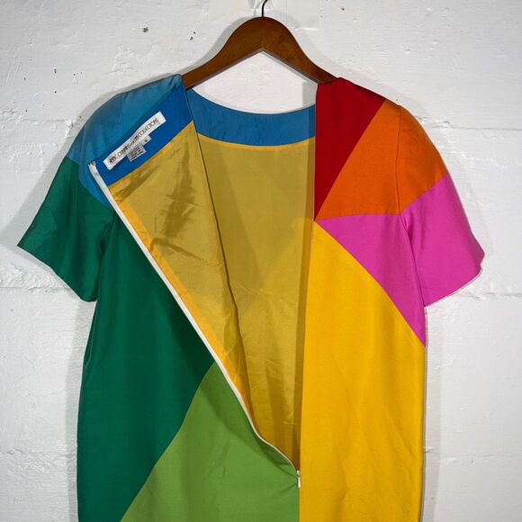 Vintage 80s Silk Colorblock Art Fashion Shift Dress Geometric Rainbow Size 8 - Picture 9 of 12